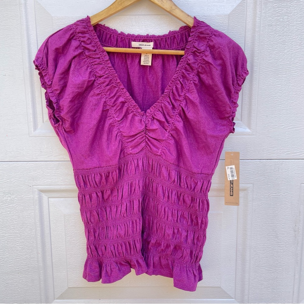 NWT Dkny Jeans purple top ruched with silver shimmer